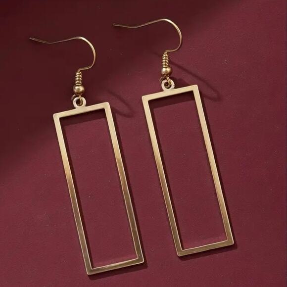 SOLD Gold Rectangular Geometric Drop Dangle Earrings - Picture 4 of 7